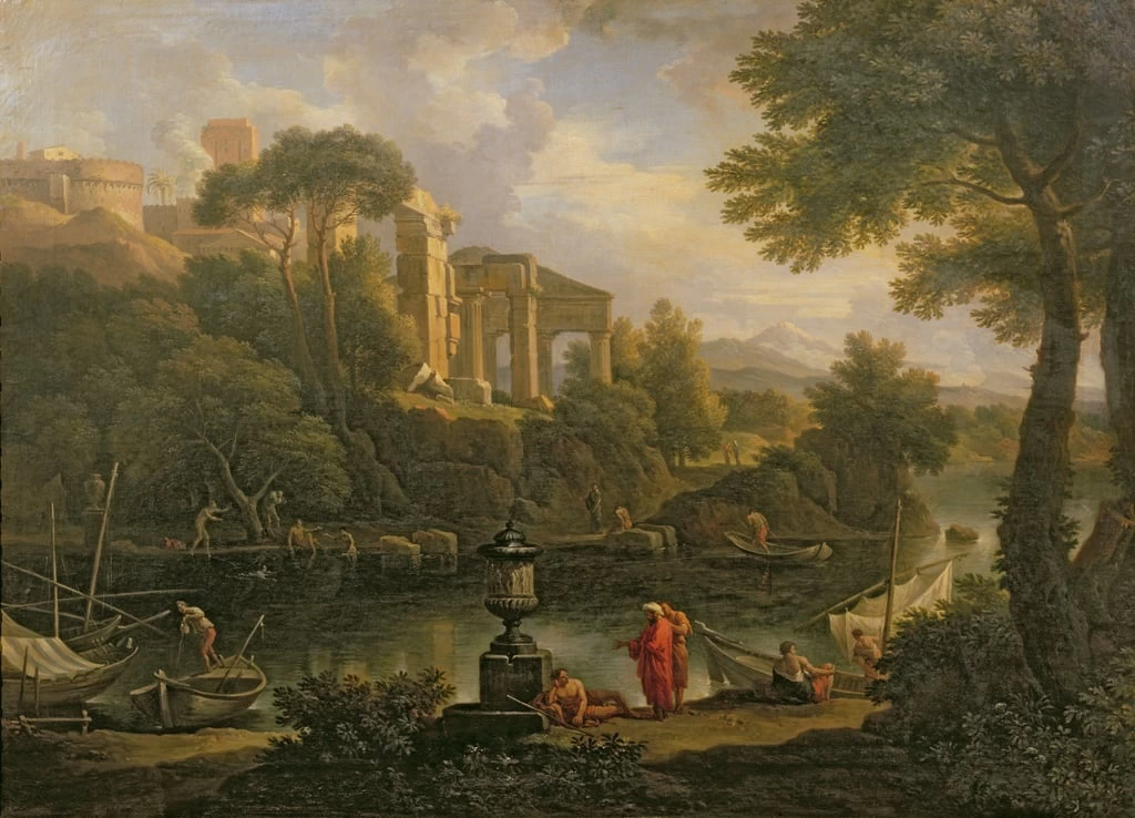 Paesaggio con figure di una piscina con rovine sullo sfondo - Trustees of Holkham Estate, Norfolk